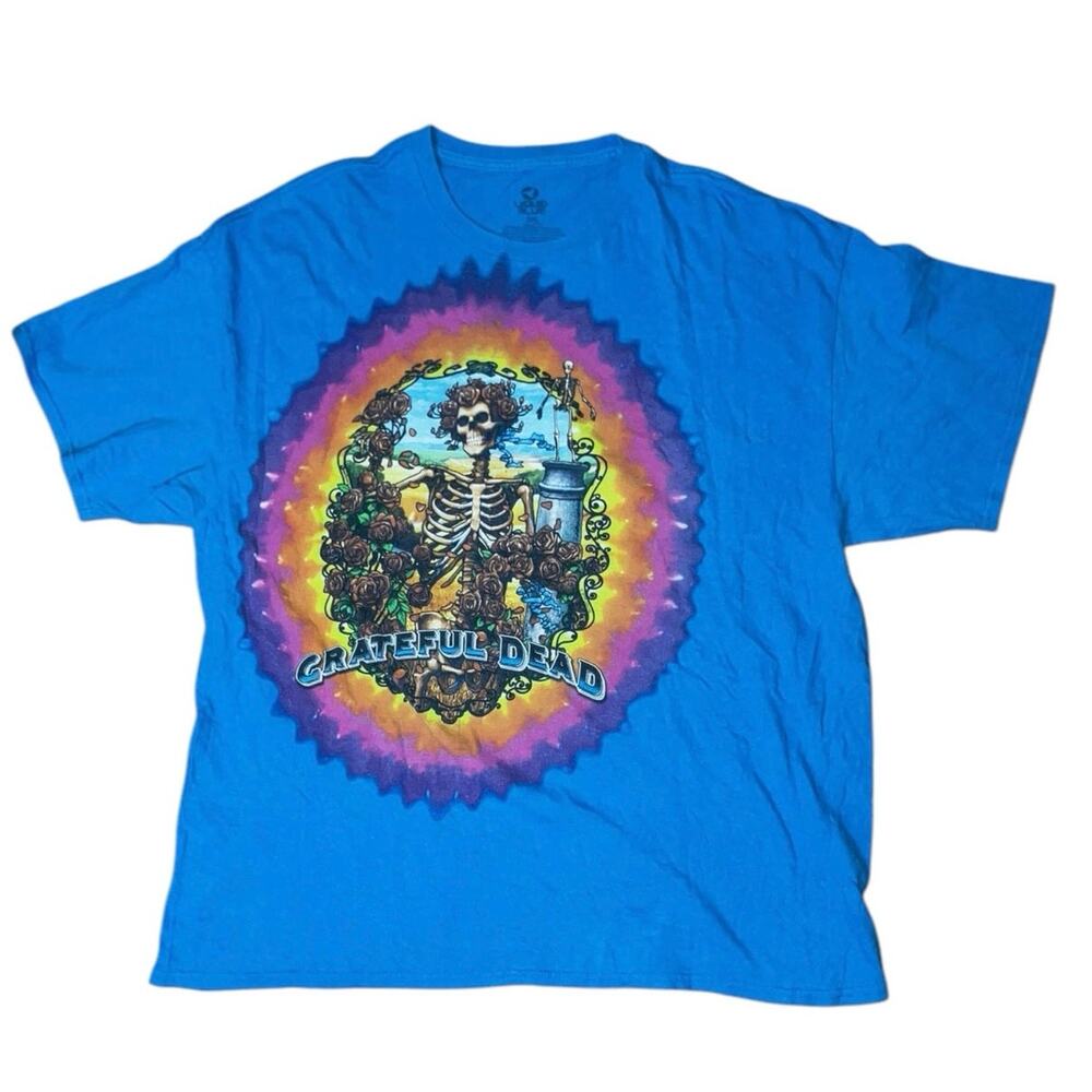Grateful Dead Liquid Blue Tie-Dye Skeleton Roses Tee 2XL Tagless - Picture 1 of 4